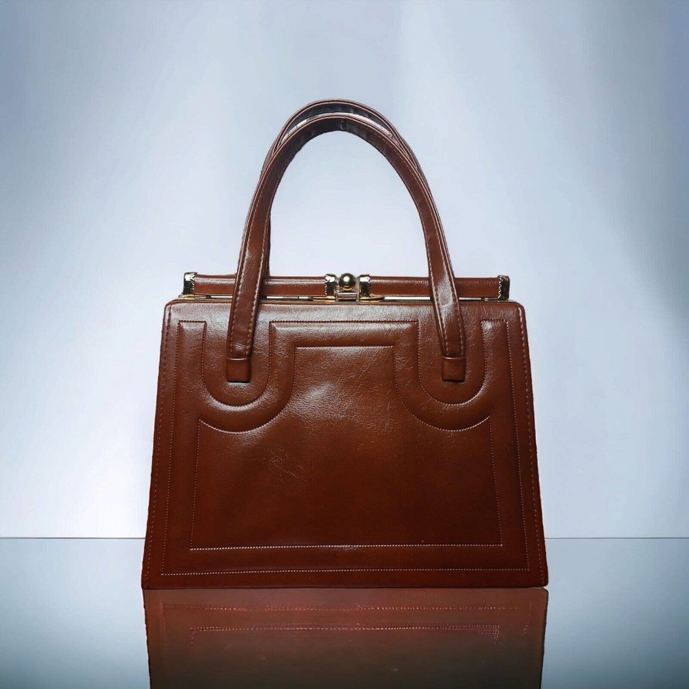 Vintage Brown Leather Purse Tote Handbag Gold Hardware Kiss Closure Grandmacore